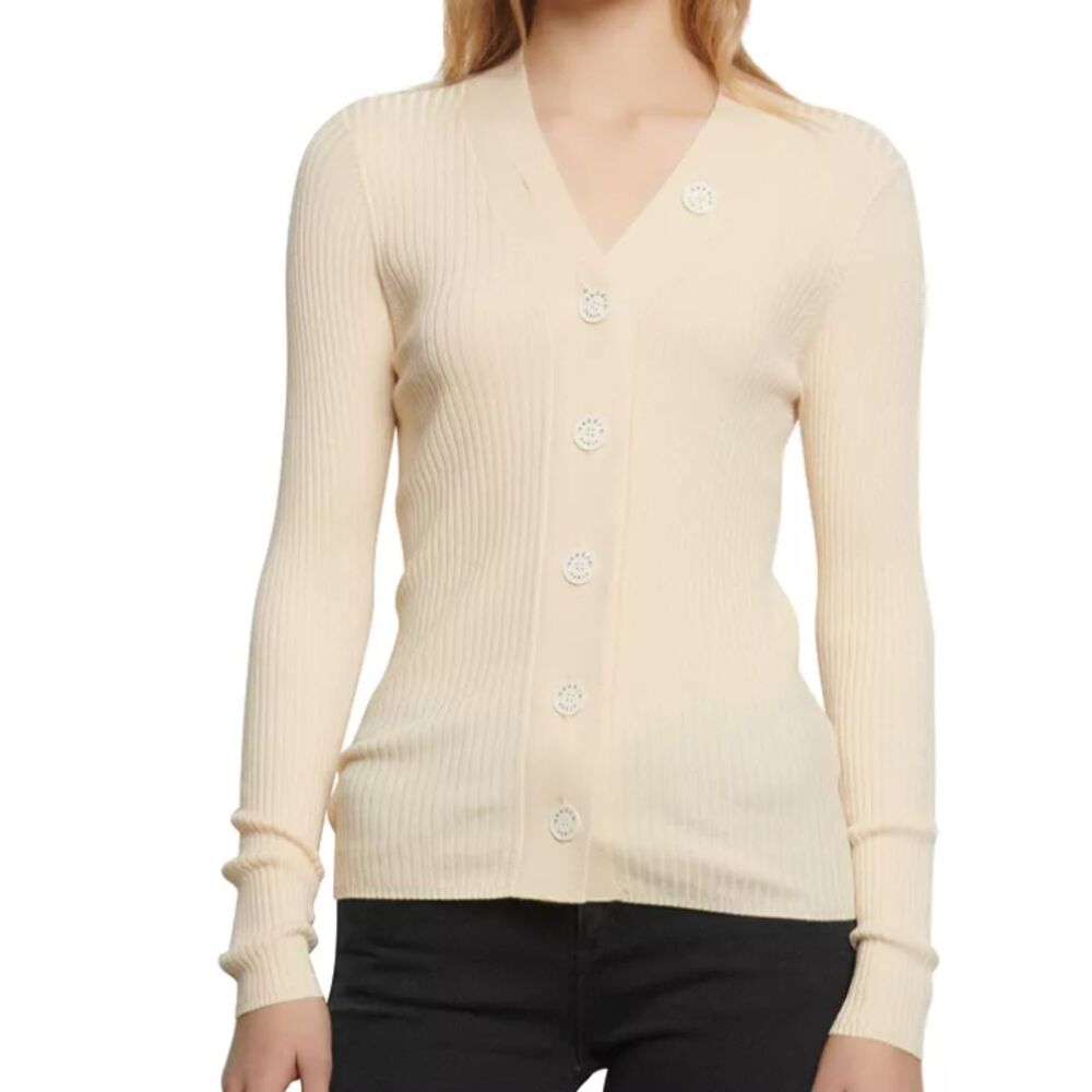 Sandro Paris Gabrielle Cream Ribbed Knit Logo Button Cardigan Sweater